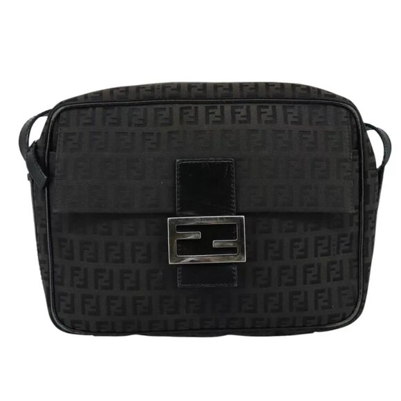 FENDI Zucchino Canvas Shoulder Bag Black Auth